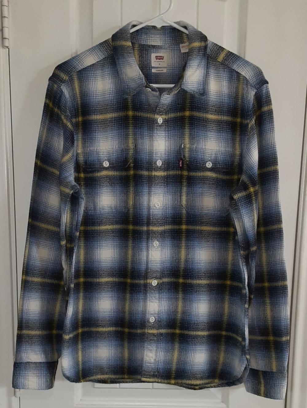 Levi's Jackson Worker Flannel Overshirt Shacket Plaid Blue Yellow Small Flaw